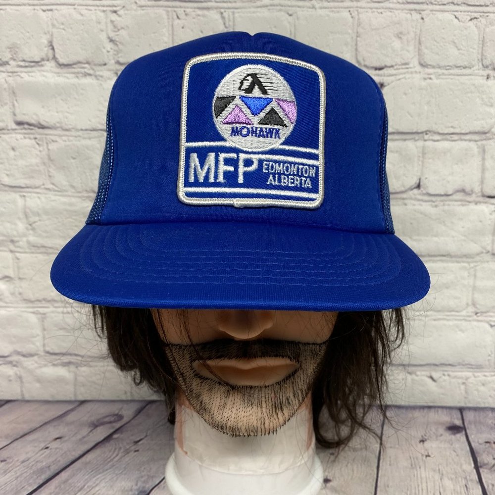 Vintage Hat Cap Snapback Blue Trucker Mesh MFP Mohawk Edmonton Alberta Patch